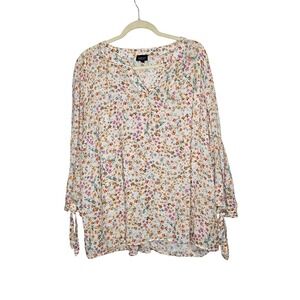 Jones & Co‎ Floral Blouse 2X Long Sleeve V Neck Tie Sleeve Multicolor Top